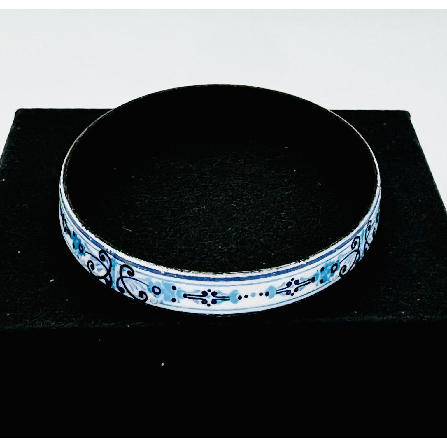 Michaela Frey Fire-Enameled White W/ Blue And Light Blue Floral Design Bangle